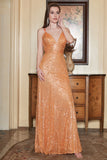 Orange Spaghetti Straps Sequins Long Ball Dress with Criss Cross Back
