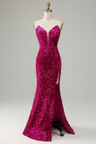 Hot Pink Sweetheart Strapless Sequin Ball Dress with Slit with Split Front
