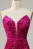Hot Pink Sweetheart Strapless Sequin Ball Dress with Slit with Split Front