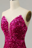 Hot Pink Sweetheart Strapless Sequin Ball Dress with Slit with Split Front