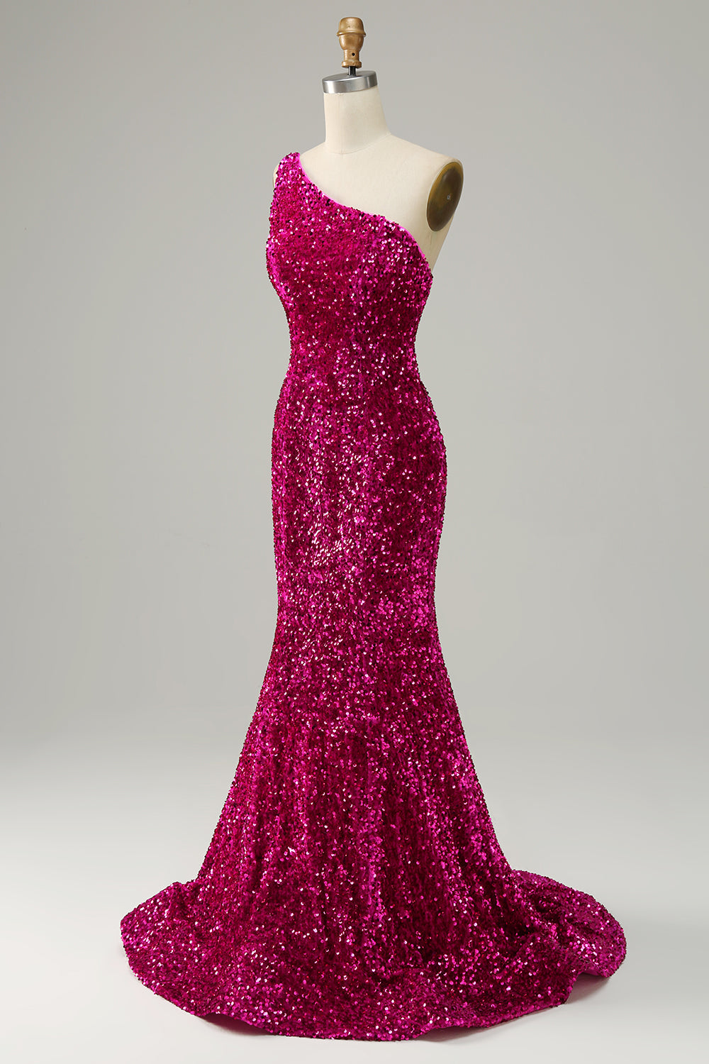 Fuchsia One Shoulder Sequin Mermaid Ball Dress with Sweep Train