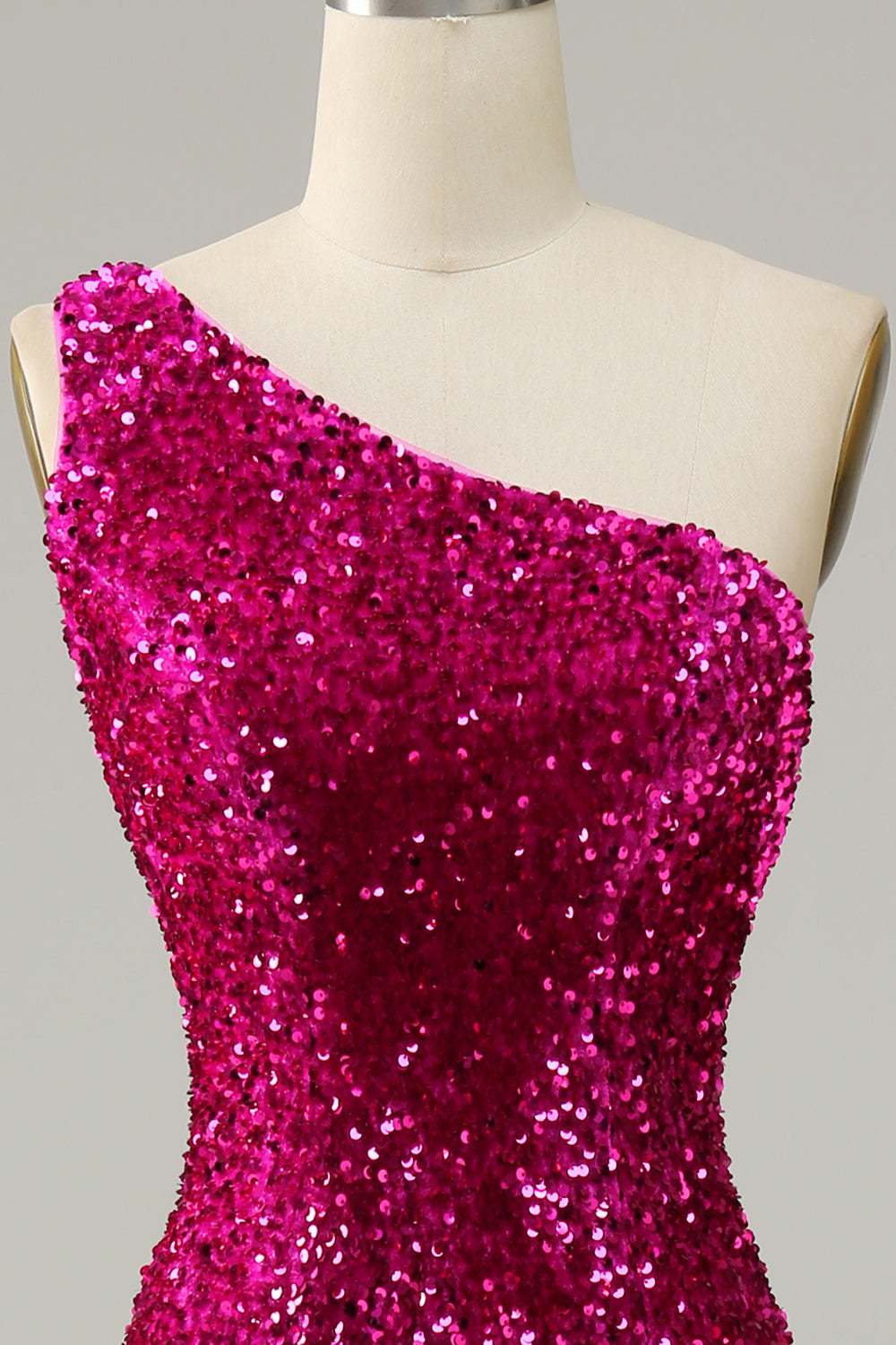 Fuchsia One Shoulder Sequin Mermaid Ball Dress with Sweep Train