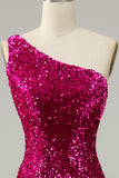 Fuchsia One Shoulder Sequin Mermaid Ball Dress with Sweep Train