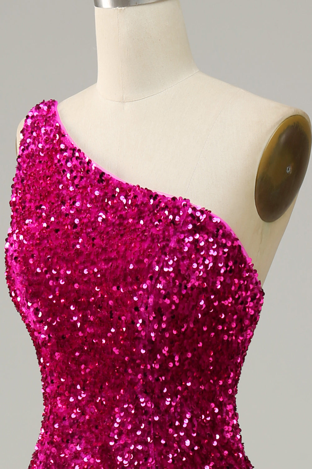 Fuchsia One Shoulder Sequin Mermaid Ball Dress with Sweep Train