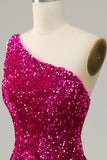 Fuchsia One Shoulder Sequin Mermaid Ball Dress with Sweep Train