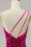 Fuchsia One Shoulder Sequin Mermaid Ball Dress with Sweep Train