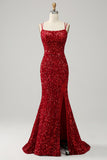Red Sparkly Mermaid Backless Long Ball Dress with Fringes