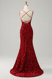 Red Sparkly Mermaid Backless Long Ball Dress with Fringes