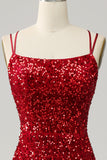 Red Sparkly Mermaid Backless Long Ball Dress with Fringes