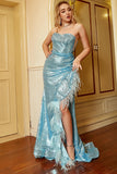 Sky Blue Strapless Sequins Plus Size Ball Dress with Feathers