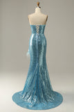 Sky Blue Sweetheart Sequined Mermaid Ball Dress With Feathers