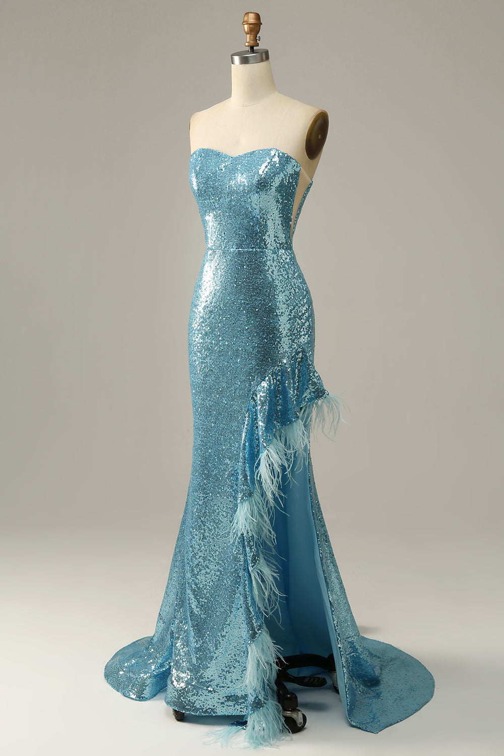 Sky Blue Sweetheart Sequined Mermaid Ball Dress With Feathers