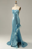 Sky Blue Sweetheart Sequined Mermaid Ball Dress With Feathers