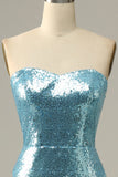 Sky Blue Sweetheart Sequined Mermaid Ball Dress With Feathers
