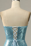 Sky Blue Sweetheart Sequined Mermaid Ball Dress With Feathers