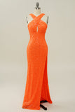 Orange Halter Sequined Backless Mermaid Ball Dress