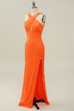 Orange Halter Sequined Backless Mermaid Ball Dress
