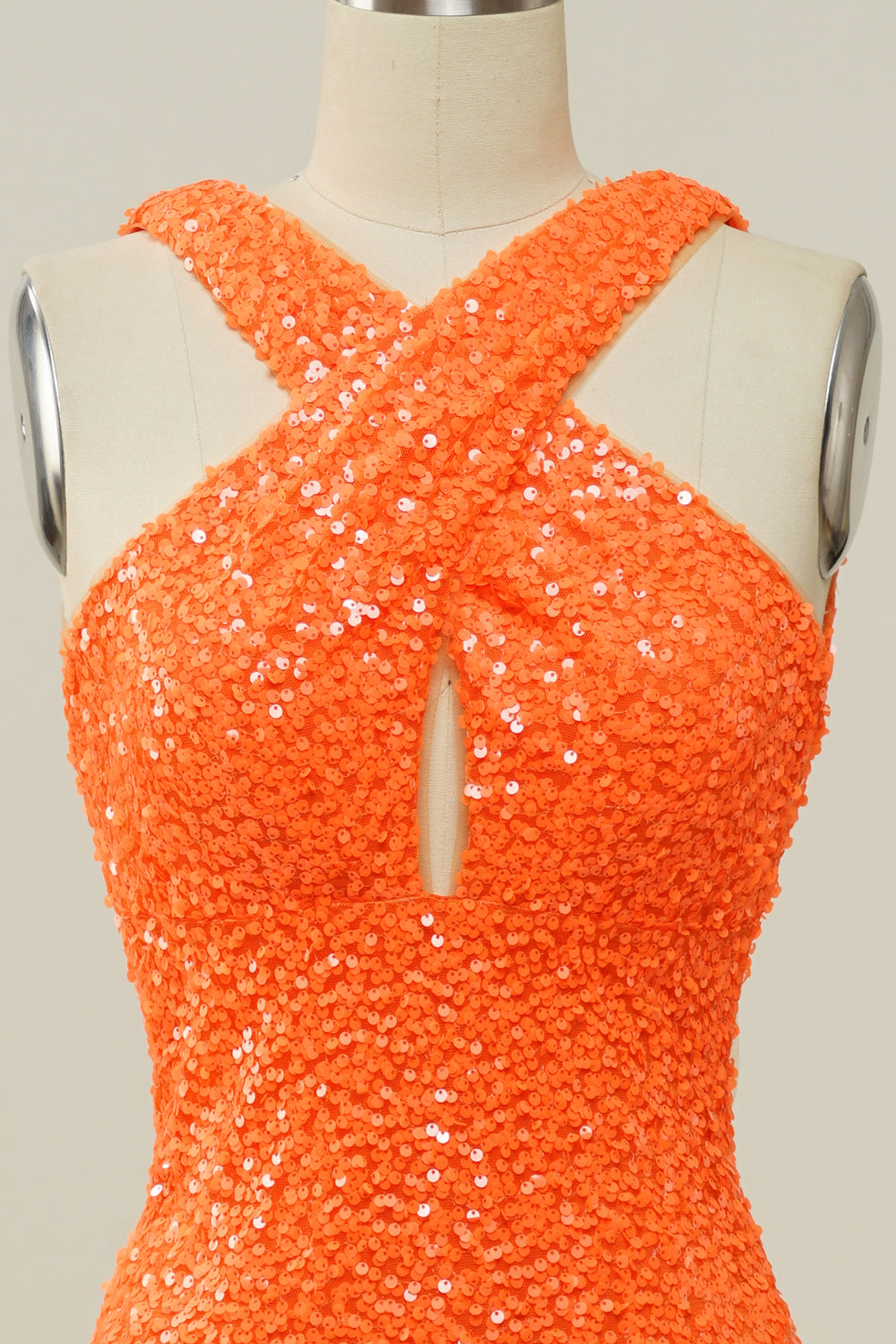 Orange Halter Sequined Backless Mermaid Ball Dress