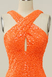 Orange Halter Sequined Backless Mermaid Ball Dress