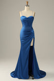 Royal Blue Spaghetti Straps Satin Mermaid Ball Dress