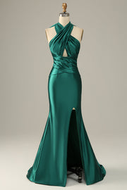Dark Green Halter Lace Up Mermaid Ball Dress With Slit