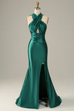 Dark Green Halter Lace Up Mermaid Ball Dress With Slit