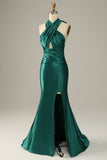 Dark Green Halter Lace Up Mermaid Ball Dress With Slit