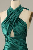 Dark Green Halter Lace Up Mermaid Ball Dress With Slit