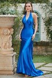 Royal Blue Halter Lace Up Backless Ball Dress