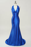 Royal Blue Halter Lace Up Backless Ball Dress