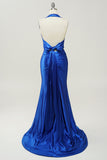 Royal Blue Halter Lace Up Backless Ball Dress