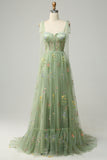 Green A Line Tulle Corset Floor Length Ball Dress with Embroidered Floral