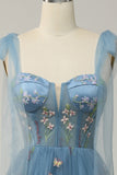 Green A Line Tulle Corset Floor Length Ball Dress with Embroidered Floral