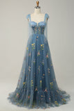 Grey Blue A Line Corset Long Tulle Ball Dress with Embroidered Floral