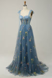 Black A Line Spaghetti Straps Corset Long Ball Dress with Embroidered Floral