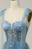 Green A Line Tulle Corset Floor Length Ball Dress with Embroidered Floral