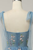 Green A Line Tulle Corset Floor Length Ball Dress with Embroidered Floral