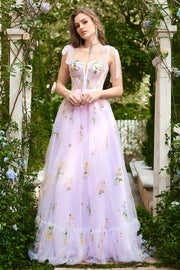 Lavender A-line Corset Long Tulle Ball Dress with Embroidered Floral