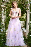 Lavender A-line Corset Long Tulle Ball Dress with Embroidered Floral