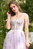 Lavender A-line Corset Long Tulle Ball Dress with Embroidered Floral