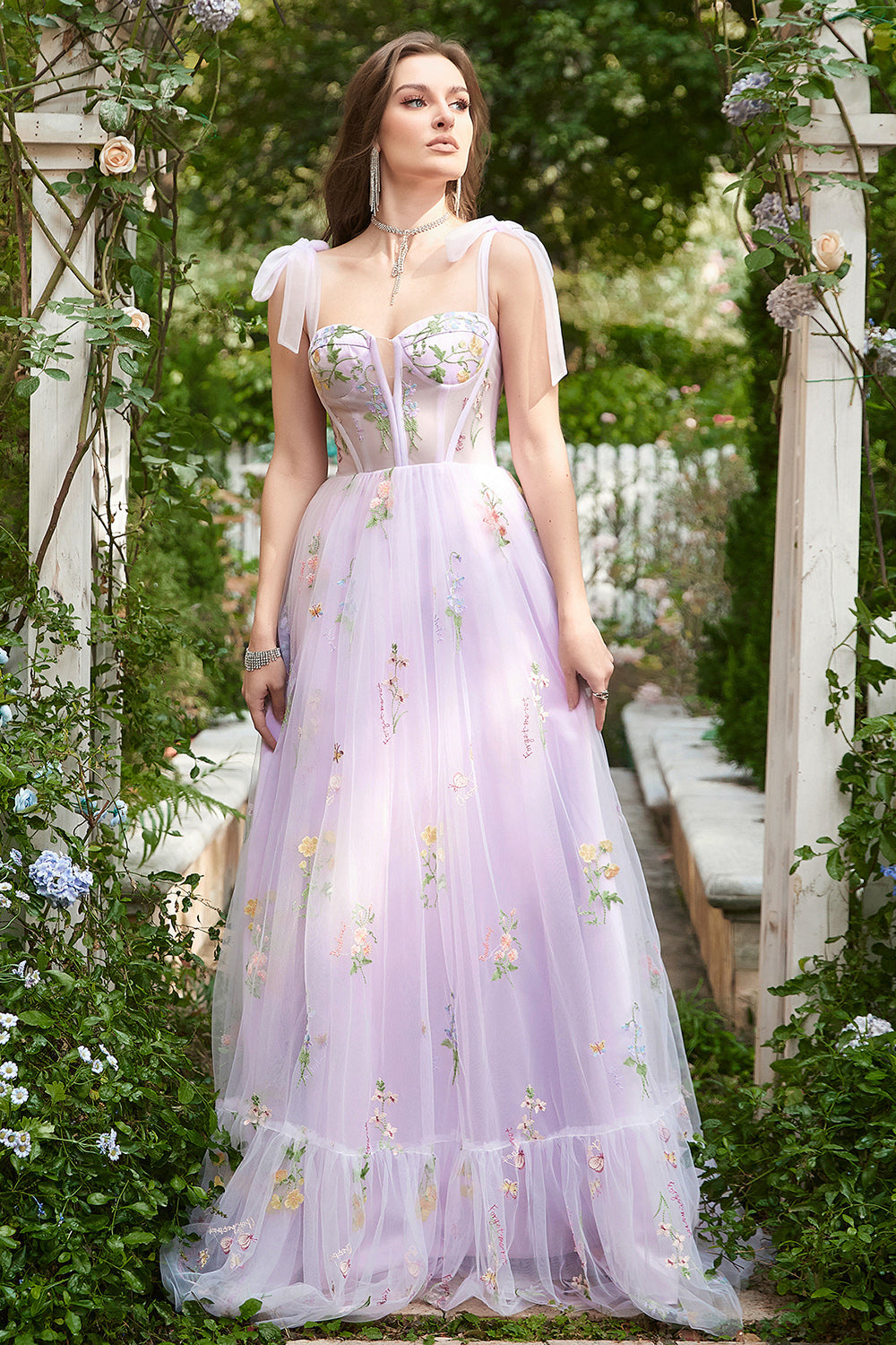 Lavender A-line Corset Long Tulle Ball Dress with Embroidered Floral