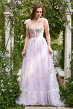 Lavender A-line Corset Long Tulle Ball Dress with Embroidered Floral