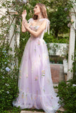 Lavender A-line Corset Long Tulle Ball Dress with Embroidered Floral