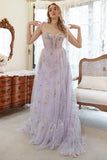 Lavender Tulle A Line Corset Plus Size Ball Dress with Embroidered Floral
