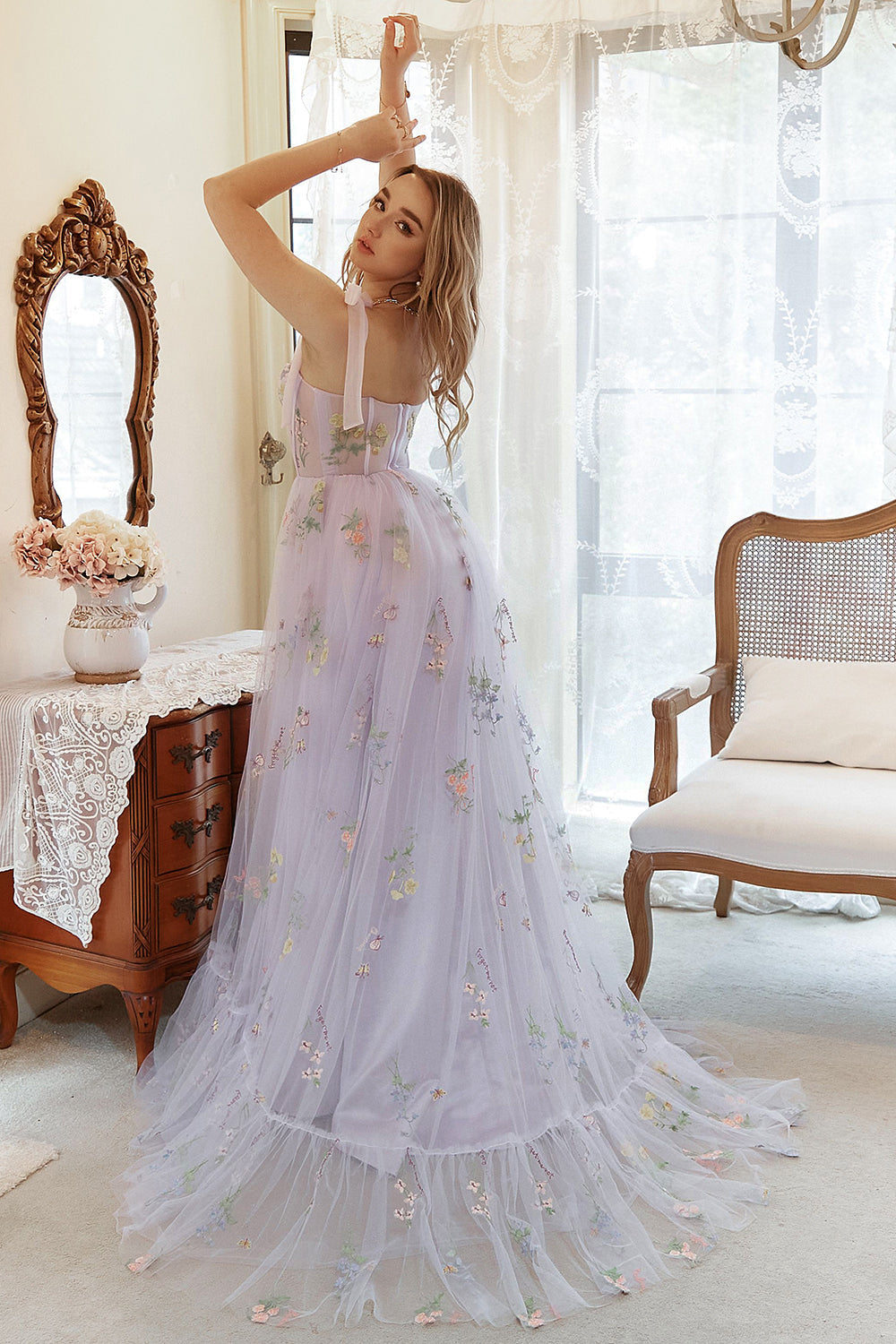 Lavender Tulle A Line Corset Plus Size Ball Dress with Embroidered Floral