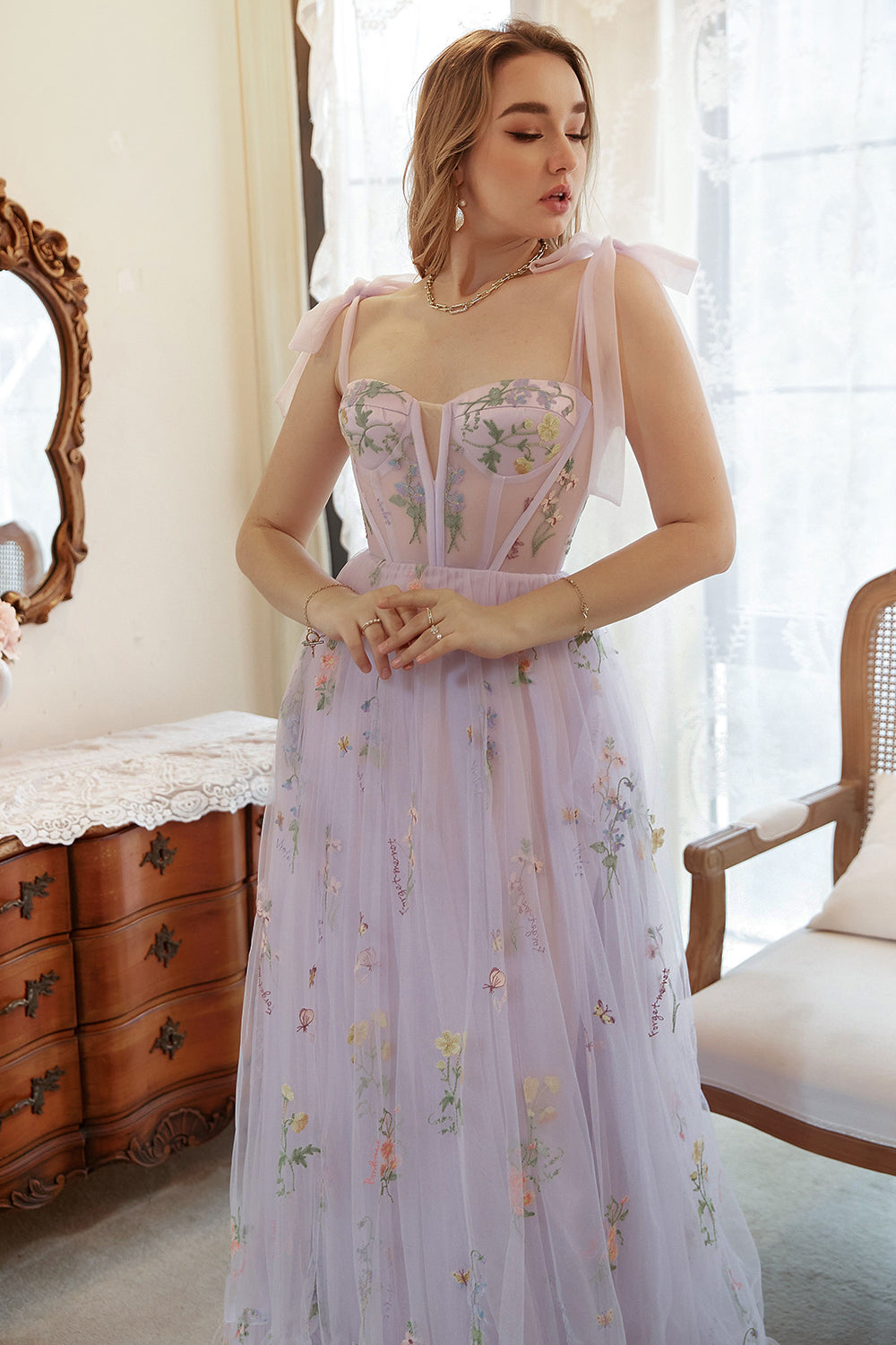 Lavender Tulle A Line Corset Plus Size Ball Dress with Embroidered Floral