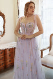 Lavender Tulle A Line Corset Plus Size Ball Dress with Embroidered Floral