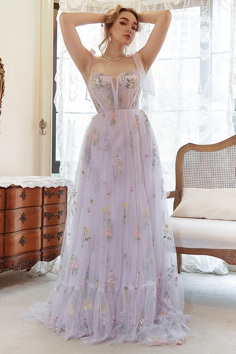 Lavender Tulle A Line Corset Plus Size Ball Dress with Embroidered Floral