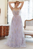 Lavender Tulle A Line Corset Plus Size Ball Dress with Embroidered Floral