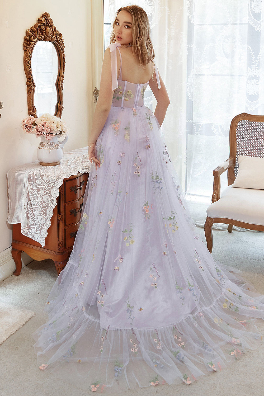 Lavender Tulle A Line Corset Plus Size Ball Dress with Embroidered Floral